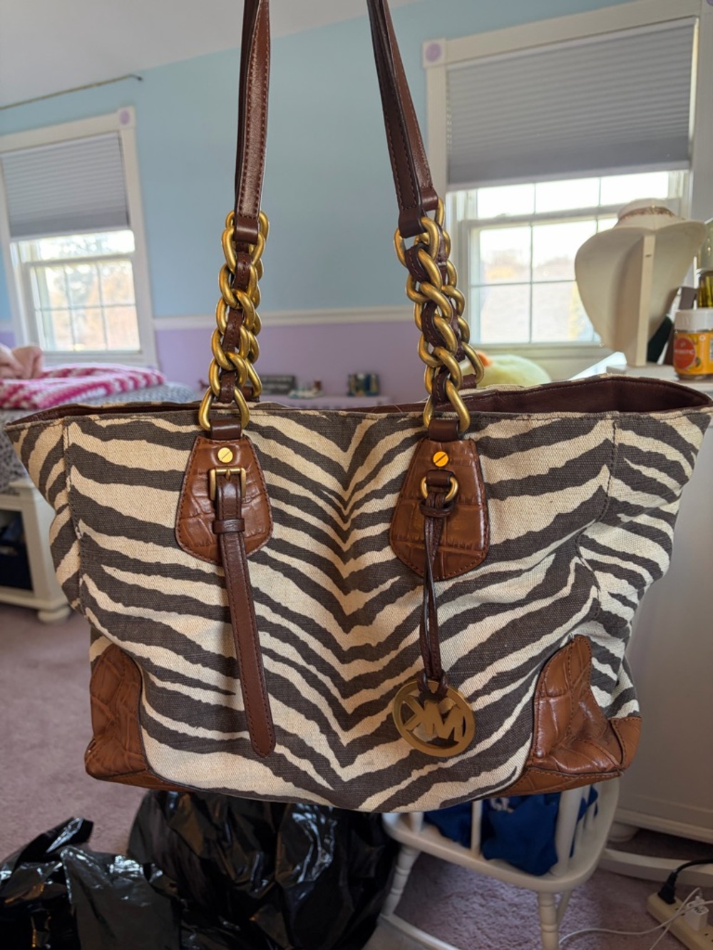 Michael Kors Brown and Cream Zebra-Pattern Tote with Chain Straps